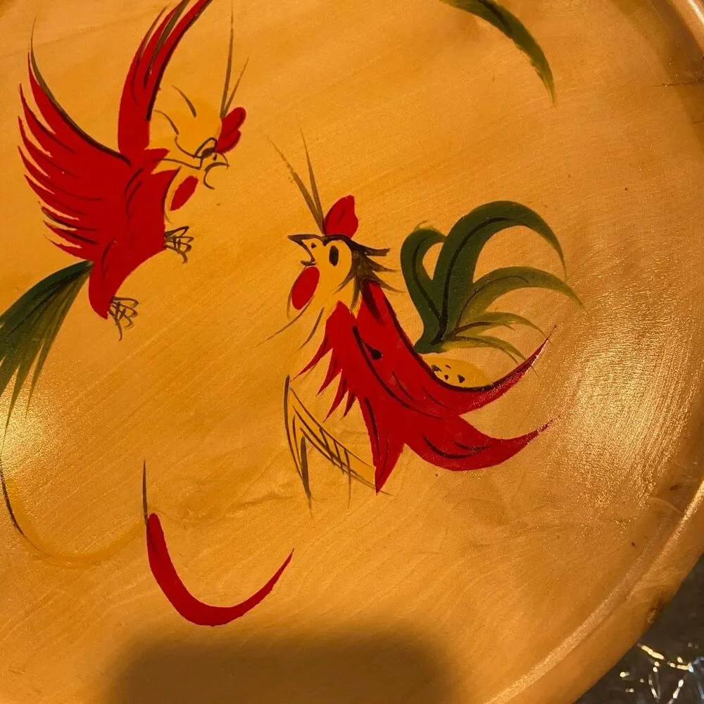 Fighting Rooster Japan Wooden Plate Tray 1950’s  Hand Painted Excellent 12”